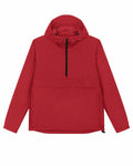 Introducing the SX177 by Stanley/Stella: a stylish red hooded pullover jacket featuring a front half-zip, kangaroo pocket, long sleeves, and a drawstring hem.
