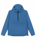 Introducing the SX177 from Stanley/Stella: a blue hooded pullover jacket featuring a half-zip front and two side pockets. Its lightweight and relaxed design make it perfect for both casual outings and outdoor activities.