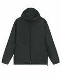 Introducing the Stanley/Stella SX179: a dark green windbreaker jacket featuring a hood, full zipper closure, and an adjustable drawstring hem.