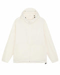 A jacket from Stanley/Stella, model SX179, featuring a plain white design with a hood, front zipper, and side pockets, displayed against a white background.