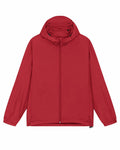 The SX179 by Stanley/Stella is a red hooded jacket featuring a front zipper, long sleeves, a high collar, and elastic cuffs. It's crafted from lightweight fabric that is ideal for mild weather.