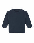 Featuring a minimalist design, the Stanley/Stella SX187 sweatshirt is styled in a plain dark blue with long sleeves, a round neckline, folded cuffs, and a subtle button near the shoulder. Displayed laid flat, it exudes simplicity and casual appeal.