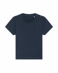 The SX194 by Stanley/Stella is a dark blue baby t-shirt featuring short sleeves and two snap buttons on one shoulder for easy fastening.