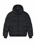 Introducing the SX203 by Stanley/Stella, a dark green puffer jacket featuring a hood, front zipper, and two side pockets.