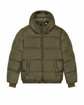 The SX203 by Stanley/Stella is an olive green puffer jacket featuring a high collar, zip closure, two front pockets, and ribbed cuffs.