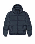 The Stanley/Stella SX203, a dark gray puffer jacket featuring a hood, front zipper, and elastic cuffs, is laid flat against a white background.