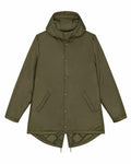 The SX204 jacket by Stanley/Stella is an olive green hooded parka featuring snap button closures and two front pockets.