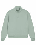 A Stanley/Stella SX216 pullover in light green, featuring a long-sleeved design with a quarter zip collar, presented against a white background.