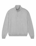 The SX216 by Stanley/Stella is a plain gray quarter-zip pullover sweater featuring long sleeves, ribbed cuffs and hem, and a high collar with a zipper closure.