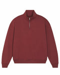The Stanley/Stella SX216 features a maroon long-sleeve pullover design with a high collar and a half-zip front, complete with ribbed cuffs and hem for a casual and cozy look.