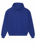 A Stanley/Stella SX217 hoodie in plain blue, featuring a front pocket, long sleeves, spacious hood, and ribbed cuffs, displayed against a white background.