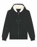 Introducing the SX222 by Stanley/Stella: a stylish dark green zip-up hoodie featuring a cozy white fleece-lined hood and convenient front pockets.