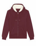 SX222 by Stanley/Stella, a maroon zip-up hoodie featuring white fleece lining, drawstrings, and front pockets, laid flat.