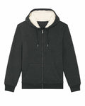 The Stanley/Stella SX222 is a dark gray hoodie with a zip-up design, featuring a fleece-lined hood, drawstrings, front pockets, and ribbed cuffs.