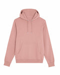 A Stanley/Stella SX225 hoodie in pink, featuring a front pocket and drawstring hood, is shown against a white background. The hoodie has long sleeves and appears to be made of soft fabric.
