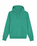 Stanley/Stella's SX225 hoodie in green, featuring a front pocket and drawstrings, displayed on a clean white background.