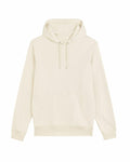 A plain, cream-colored hoodie, labeled SX225 by Stanley/Stella, with long sleeves and a front pocket is displayed on a white background. The hoodie features a drawstring hood and ribbed cuffs.