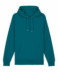The Stanley/Stella SX225 is showcased as a teal hoodie featuring a front pocket and drawstring hood, offering a straightforward, pristine design with long sleeves, along with ribbed cuffs and hem.