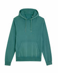 The SX226 hoodie by Stanley/Stella is showcased in a teal color, highlighting its front pocket and drawstring hood. The fabric looks soft and comfortable.