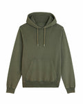 A Stanley/Stella SX226 hoodie in a plain olive green color is displayed. It features a front pocket and drawstring hood, laid flat to accentuate its simple and casual design.