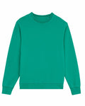 A neatly folded SX230 sweatshirt by Stanley/Stella, featuring a plain green design with long sleeves and a round neckline, presented on a white background.