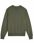 A SX231 crewneck sweatshirt from Stanley/Stella, featuring long sleeves and ribbed cuffs and hem in a plain olive green color, laid flat on a white background.