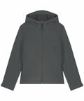The SX239 by Stanley/Stella is a dark gray hooded jacket featuring a front zipper, long sleeves, and a relaxed fit.