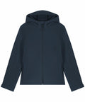 Product SX239 by Stanley/Stella features a dark blue hooded jacket with long sleeves, a front zipper, and side pockets, showcased on a white background.