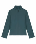 Introducing the SX241 by Stanley/Stella, a teal, long-sleeved jacket featuring a high collar and front zipper. This modern design showcases simplicity with its zip closure and straight sleeves.
