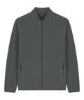 The Fleece is a plain, dark grey jacket featuring a full front zip, stand-up collar, and two zipped side pockets, shown on a white background.