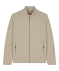 The Fleece is a beige, long-sleeve jacket with a stand-up collar, full zip, and two zippered side pockets, displayed on a plain white background.