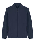 The Fleece is a navy blue zip-up jacket featuring a stand collar and two front zipped pockets, shown against a plain white background.