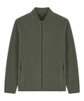 The fleece jacket in plain olive green features a zip-up front, high collar, and two zipped side pockets, displayed laid flat on a white background.