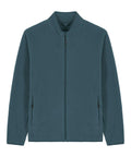 A teal fleece jacket featuring a full front zip, long sleeves, stand-up collar, and two zipped side pockets is laid flat on a white background.