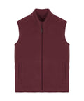 The Gilets & Body Warmers sleeveless maroon fleece gilet is laid flat on a white background, showcasing its full front zip, stand-up collar, and two vertical front pockets.