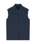 The Gilets & Body Warmers sleeveless navy blue fleece gilet features a full front zip, stand-up collar, and two side pockets, shown laid flat on a white background.