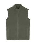The Gilets & Body Warmers waistcoat is olive green fleece with a high collar, front zip, and two pockets, displayed flat on a white background.