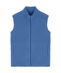 A blue Gilets & Body Warmers sleeveless fleece gilet with a front zip, stand-up collar, and two side pockets is displayed flat on a white background.