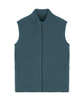 A Gilets & Body Warmers teal fleece gilet with a full front zip, two side pockets, and a high collar is laid flat on a white background.