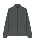 The Fleece is a plain, dark grey zip-up jacket featuring long sleeves, a stand-up collar, and two front zip pockets. Shown laid flat on a white background.