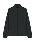 The Fleece is a plain black zip-up jacket with a high collar and two front zippered pockets, displayed laid flat on a white background.