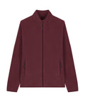 A maroon fleece zip-up jacket with a stand-up collar, long sleeves, two zipped side pockets, and a plain design is laid flat on a white background.