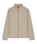 A fleece jacket in beige with a stand collar, long sleeves, and two front zipped pockets, shown laid flat on a white background.