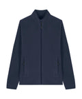 A fleece jacket in navy blue with a high collar, zip-up front, long sleeves, and two front zip-fastened pockets is laid flat on a white background.