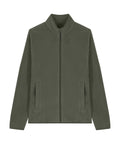 The Fleece is an olive green zip-up jacket with a high collar and two zipped side pockets, shown laid flat on a white background.