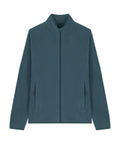 A teal fleece features a zip-up front, long sleeves, stand-up collar, and two zippered side pockets, shown laid flat on a white background.