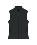 The Gilets & Body Warmers is a black, sleeveless zip-up waistcoat with a high collar and two zipped side pockets, featuring a smooth, fitted design, displayed flat on a white background.