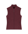 A maroon Gilets & Body Warmers fleece gilet, sleeveless with a front zip, two zipped side pockets, and a stand-up collar, is laid flat on a white background.