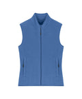 A blue sleeveless gilet & bodywarmer fleece waistcoat with a front zip and two zipped side pockets, shown on a white background.