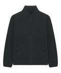 The "Fleece" is a plain black zip-up jacket with long sleeves, high collar, vertical zipped front pockets, and elasticated cuffs, shown on a white background.
